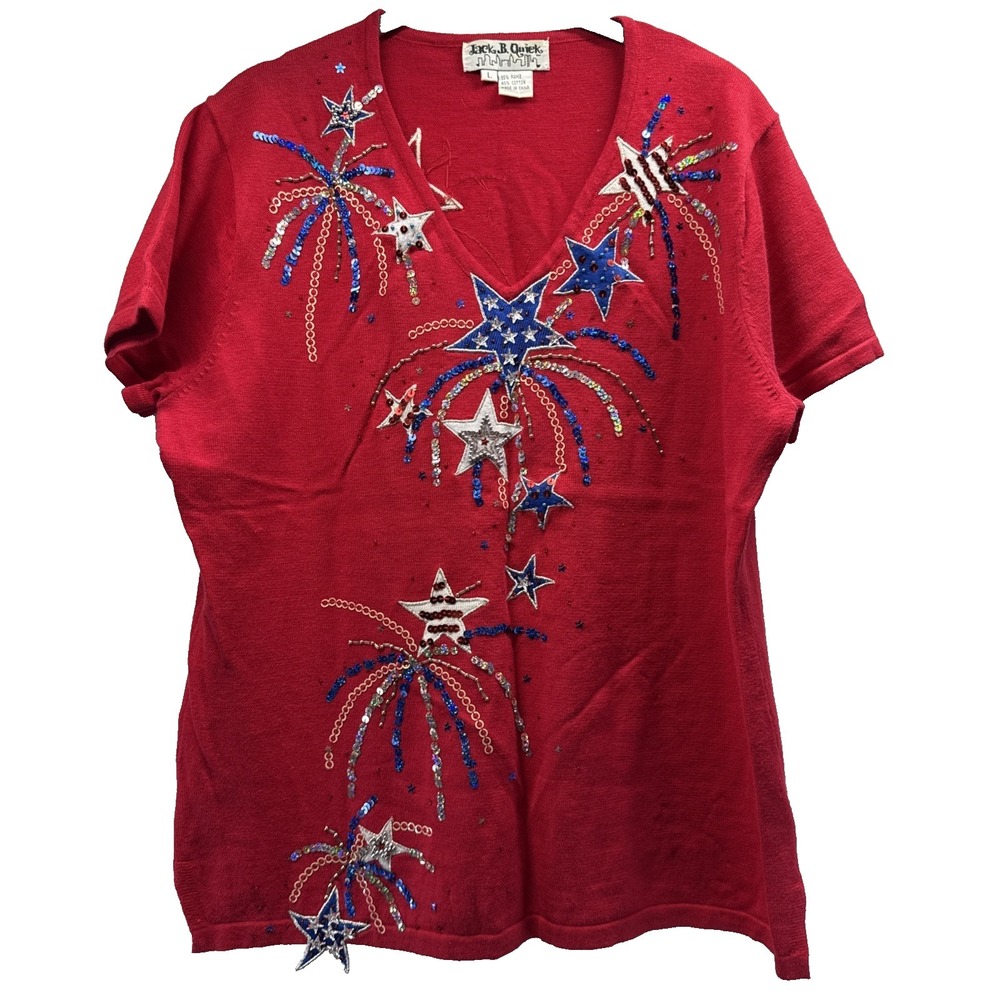 Vtg Jack B Quick Women's Knit Top Size Large Fireworks Stars Patriotic Pullover